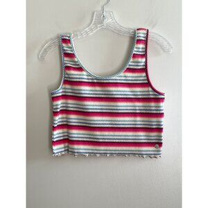 Roxy Ribbed Cropped Tank Top Womens XL Pink Stripe Scalloped Hem Beach
